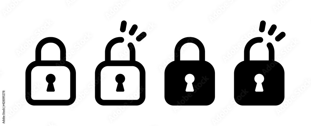 Broken, open, closed and damaged. Padlock icon set in flat vector design isolated on white. Black silhouette. Security concept. Broken, open, closed and damaged. Padlock icon set in flat vector design isolated on white. Black silhouette. Security concept.