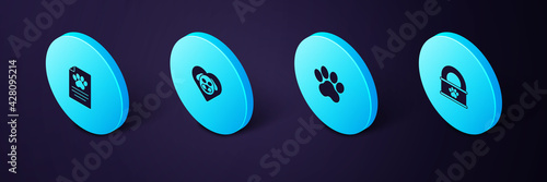 Set Isometric Canned food, Paw print, Heart with dog and Clinical record pet icon. Vector