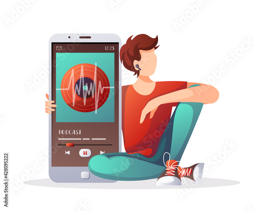 Young man with huge phone and earphones listening to music, audio book or podcast. E-learning, online courses, education, music, broadcast concept. Isolated vector illustration for poster, banner.