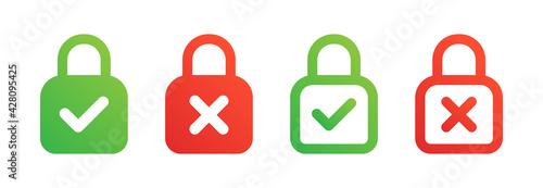 Secure and unsecured security. Encrypted sign with green and red padlock. Protection concept.