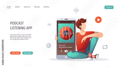 Young man with huge phone and earphones listening to music, audio book or podcast. E-learning, online courses, education, music, broadcast concept. Vector illustration for website, poster, banner.