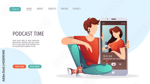 Man and phone with woman recording podcast. Streaming, blogging, podcasting, radio broadcasting, podcast app concept. Vector illustration for website, poster, banner, advertising.