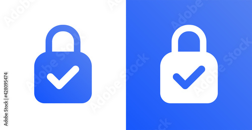 Protection sign with blue padlock and check mark symbol. Security concept with protected password vector icon illustration.
