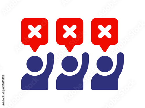 Group of people voting no icon vector illustration. Persons raising hands to reject the vote. Users disapproval concept.
