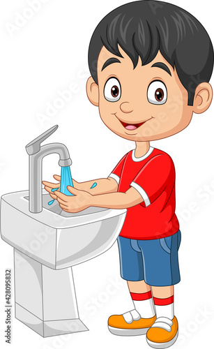 Cartoon little boy washing his hands