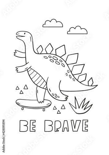 Cute cartoon dino on a skateboard in doodle style. Dinosaur coloring page