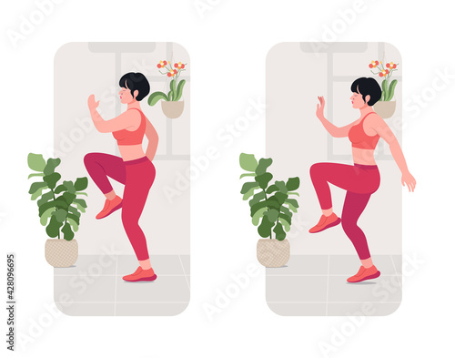 High Knees exercise, Online fitness concept, Woman workout fitness, aerobic and exercises. Vector Illustration.	