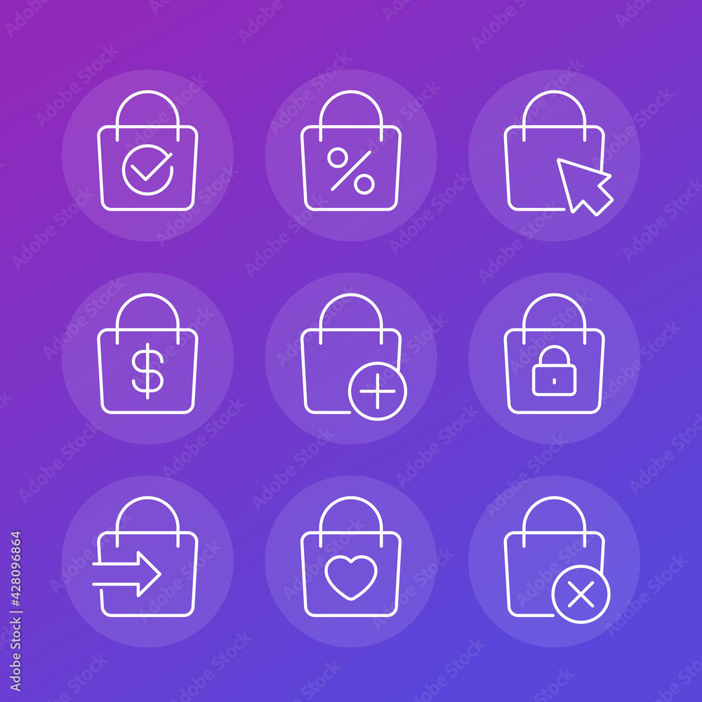 online shopping, e-commerce line icons with bag, vector set online shopping, e-commerce line icons with bag, vector set