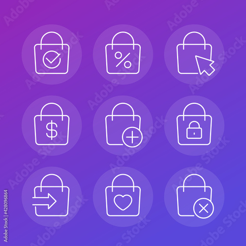 online shopping, e-commerce line icons with bag, vector set