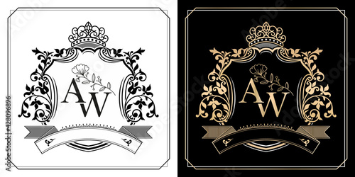 AW initial letter with royal crown of monarch, AW royal emblem with crown, initial letter and graphic name Frames Border of floral designs with two variation color for insignia and monogram logo.
