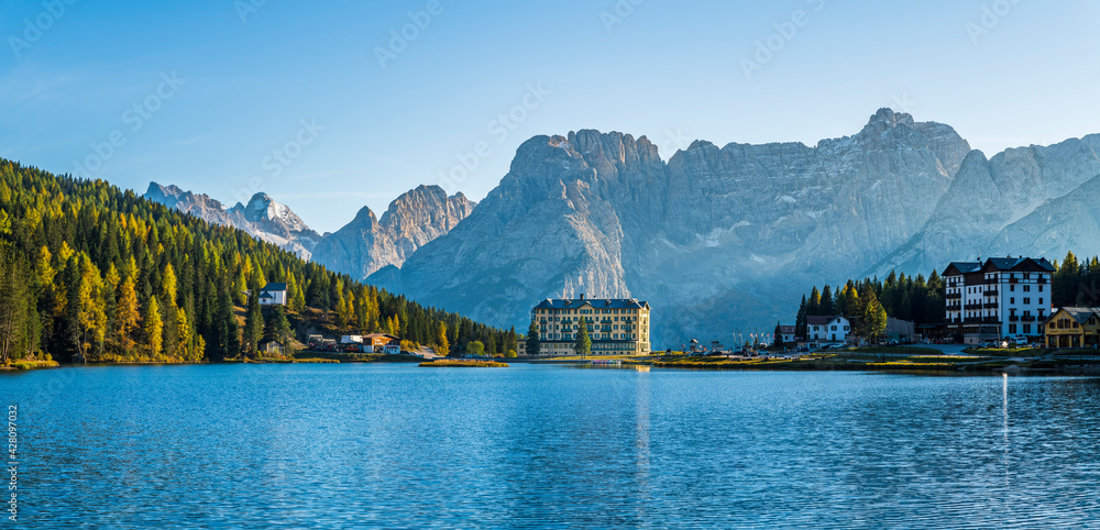 Magical reflections on the Misurina lake. Sunsets on the Dolomites.