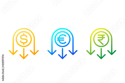 reduce costs line icon with dollar, euro and rupee