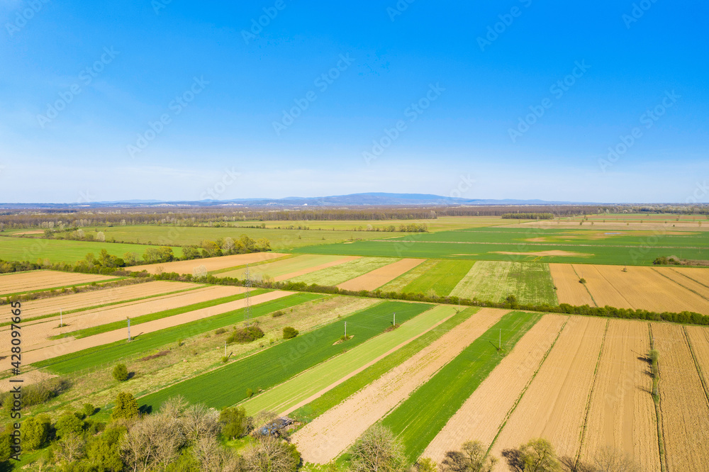 Rural landscape in Lonjsko polje, Posavina, Croatia, aerial view of agriculture fields in spring
