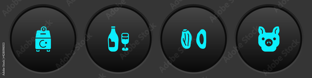 Set Donate or pay your zakat, Wine bottle with glass, Date fruit and Pig icon. Vector Set Donate or pay your zakat, Wine bottle with glass, Date fruit and Pig icon. Vector