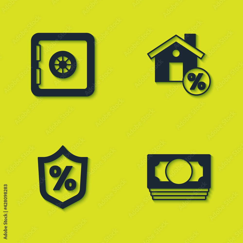 Set Safe, Stacks paper money cash, Loan percent and House with percant discount icon. Vector Set Safe, Stacks paper money cash, Loan percent and House with percant discount icon. Vector