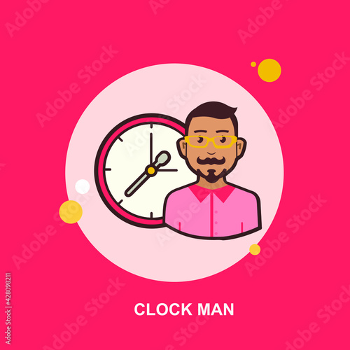 Clock man with person standing front view with clock ticking flat concept design