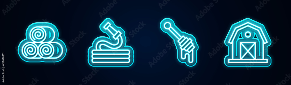 Set line Roll of hay, Garden hose, Honey dipper stick and Farm house. Glowing neon icon. Vector Set line Roll of hay, Garden hose, Honey dipper stick and Farm house. Glowing neon icon. Vector