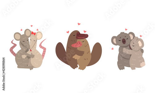 Couple of Animals in Love Embracing Each Other Vector Set
