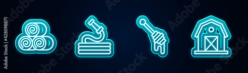 Set line Roll of hay, Garden hose, Honey dipper stick and Farm house. Glowing neon icon. Vector