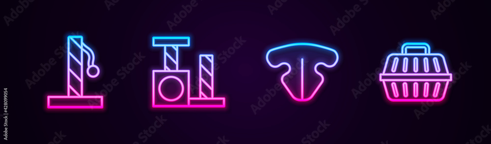 Set line Cat scratching post, , nose and Pet carry case. Glowing neon icon. Vector Set line Cat scratching post, , nose and Pet carry case. Glowing neon icon. Vector