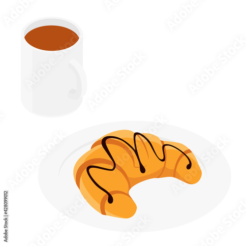 French breakfest croissant and mug of tea isolated on white background