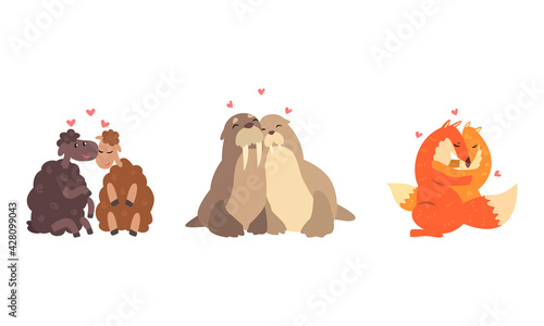 Couple of Animals in Love Embracing Each Other Vector Set