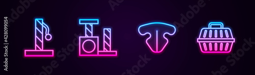 Set line Cat scratching post, , nose and Pet carry case. Glowing neon icon. Vector
