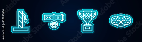 Set line Cat scratching post, Collar with name tag, Pet award and nose. Glowing neon icon. Vector