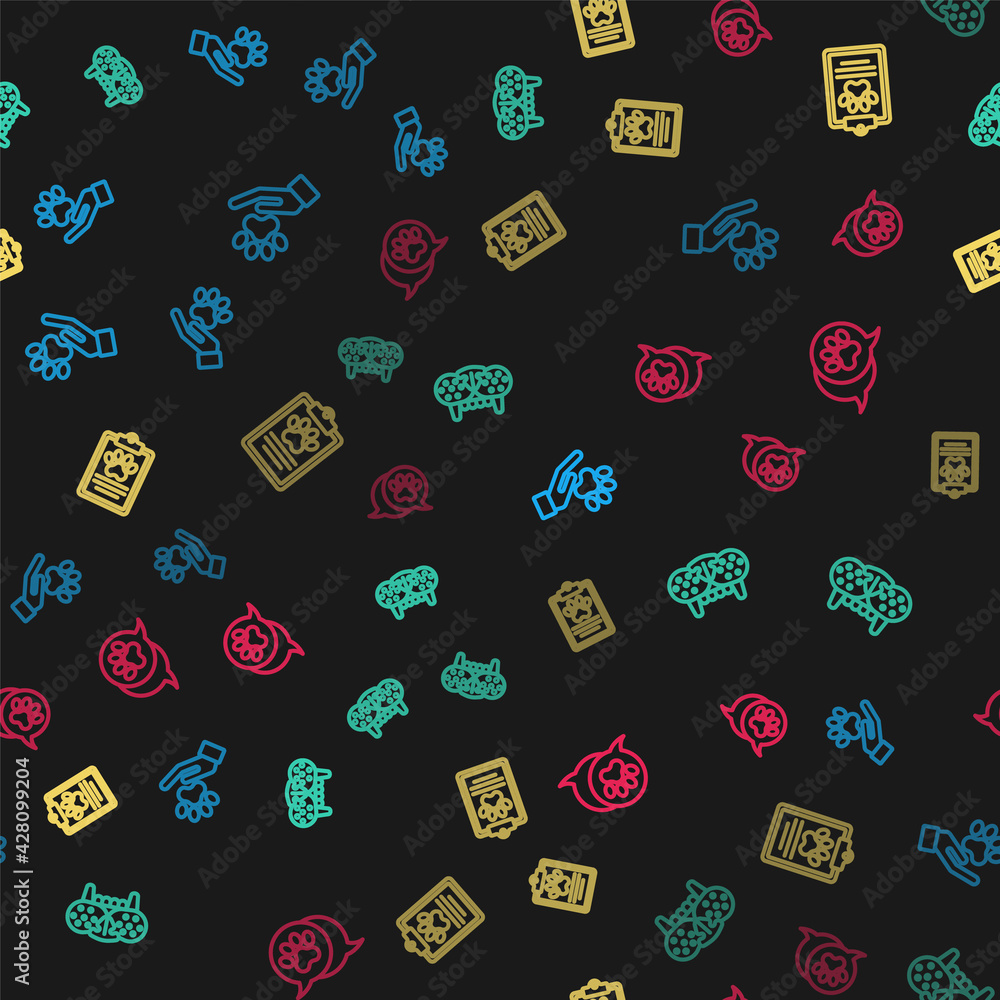 Set line Hands with animals footprint, Cat tooth, Clinical record pet and Paw on seamless pattern. Vector Set line Hands with animals footprint, Cat tooth, Clinical record pet and Paw on seamless pattern. Vector