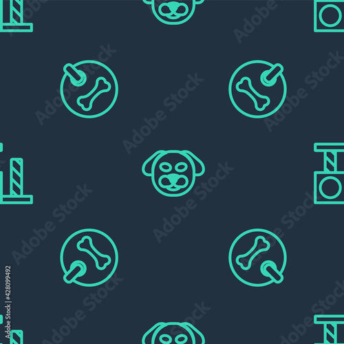 Set line Dog, collar and Cat scratching post on seamless pattern. Vector