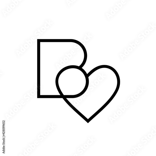 Letter B heart logo design template, alphabet B and love symbol, line art icon vector