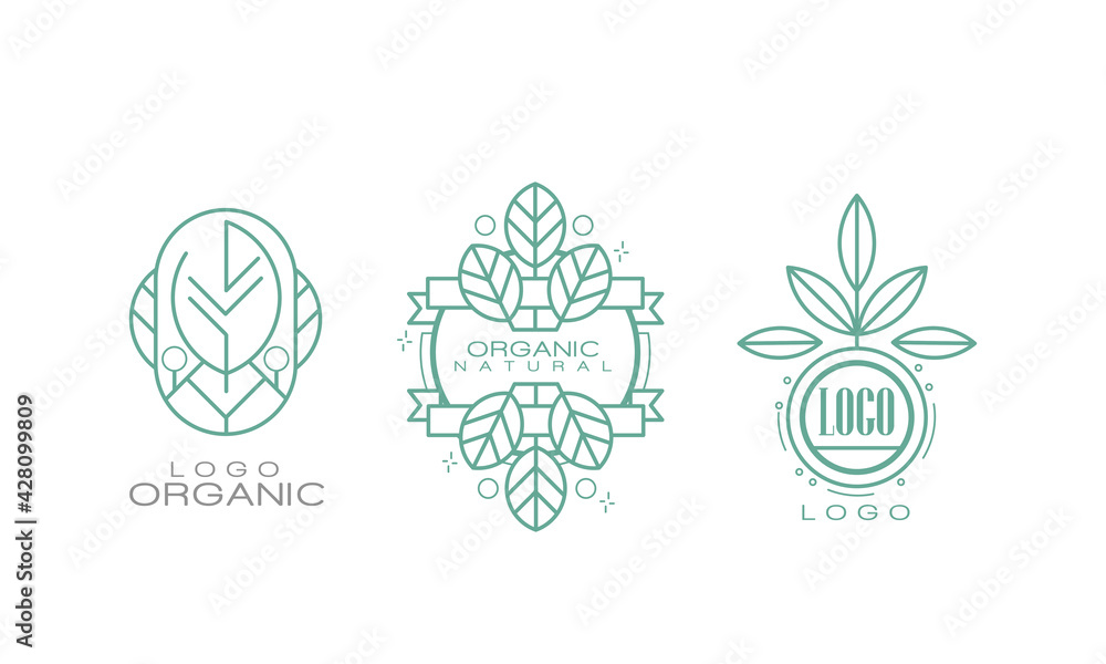 Organic Logo Design with Linear Leaves for Natural Products Vector Set Organic Logo Design with Linear Leaves for Natural Products Vector Set