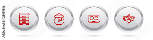 Set line Hive for bees, Jar of honey, Honey online service and Bee. Silver circle button. Vector