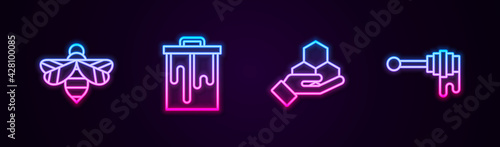 Set line Bee, Honeycomb, and hand and dipper stick with honey. Glowing neon icon. Vector