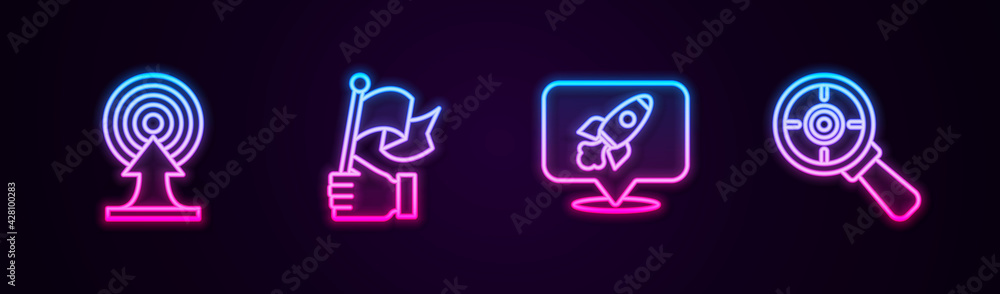 Set line Target with arrow, Hand holding flag, Rocket ship and magnifying glass. Glowing neon icon. Vector Set line Target with arrow, Hand holding flag, Rocket ship and magnifying glass. Glowing neon icon. Vector