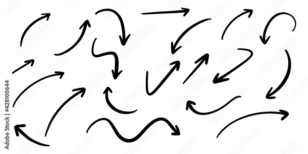 Big collection of arrows. One-stroke drawing. Hand-drawn by brush. Straight, round, thick, thin, spiral signs and icons. Big collection of arrows. One-stroke drawing. Hand-drawn by brush. Straight, round, thick, thin, spiral signs and icons.
