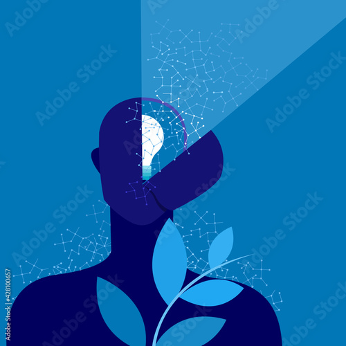 Conceptual illustration of an illuminating bulb and neural networks inside a human brain