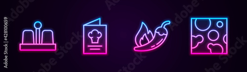Set line Salt and pepper, Cookbook, Hot chili pod and Cheese. Glowing neon icon. Vector