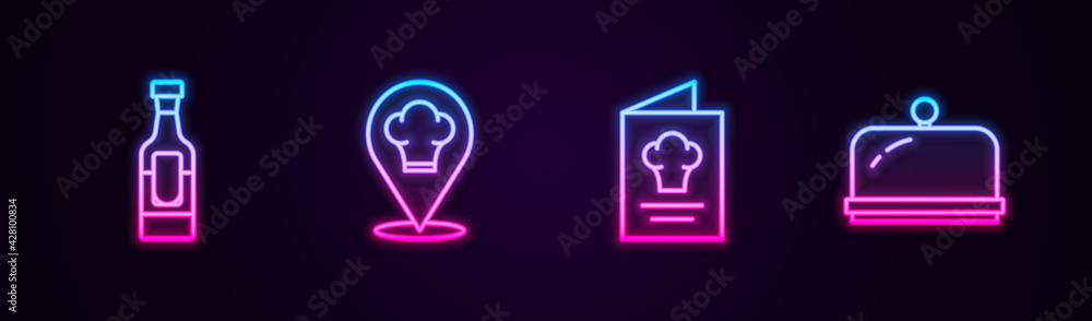 Set line Wine bottle, Chef hat with location, Cookbook and Covered tray. Glowing neon icon. Vector Set line Wine bottle, Chef hat with location, Cookbook and Covered tray. Glowing neon icon. Vector