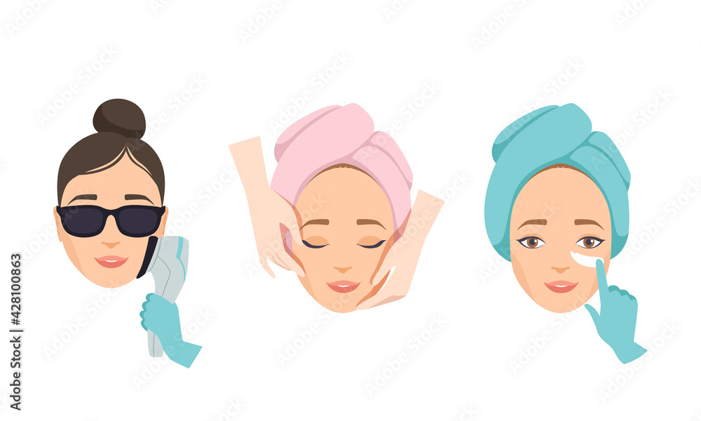 Face Skin Care and Cosmetic Treatment with Female Head in Wrapped Towel Having Dermal Procedure Vector Set