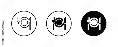 Plate, fork and knife icon in flat style. Food symbol isolated on white background. Bar, cafe, hotel concept. Simple eating icon in black. Vector illustration for graphic design