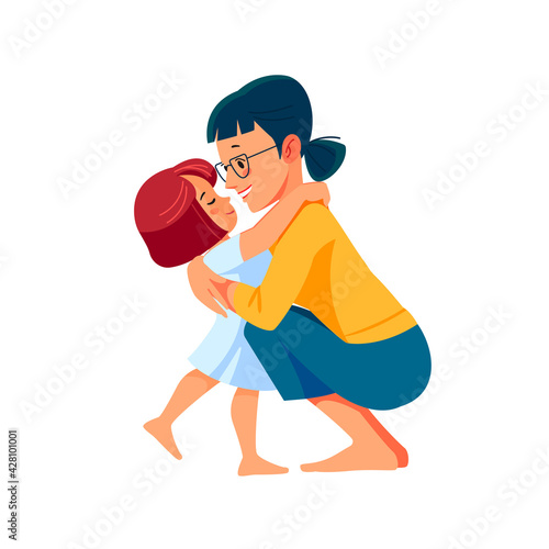 Cute little girl greeting her mother at home. Mother's day concept. Parent and child. Mom hugging her daughter with a lot of love and tenderness. Cartoon flat isolated vector design