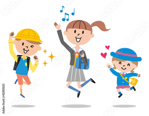 元気に飛び跳ねる３人の子供達のイラスト