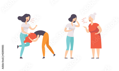 Woman Quarrelling and Arguing with Each Other Shouting and Yelling Vector Illustration Set
