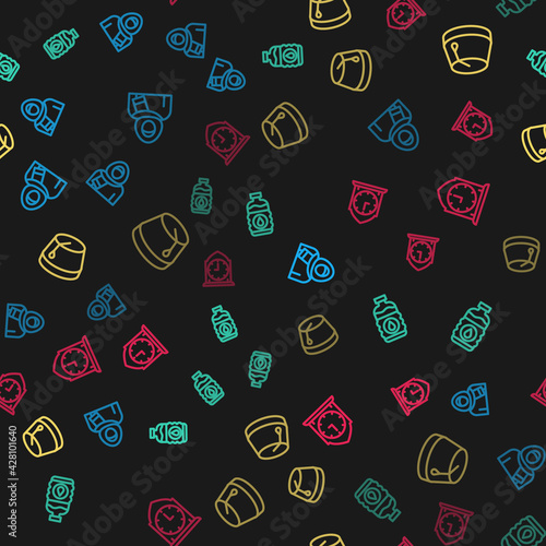 Set line Muslim woman in hijab, Bottle of water, Turkish hat and Clock on seamless pattern. Vector