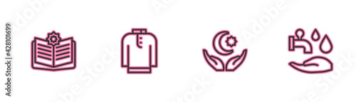 Set line Holy book of Koran, Star and crescent, Shirt kurta and Wudhu icon. Vector