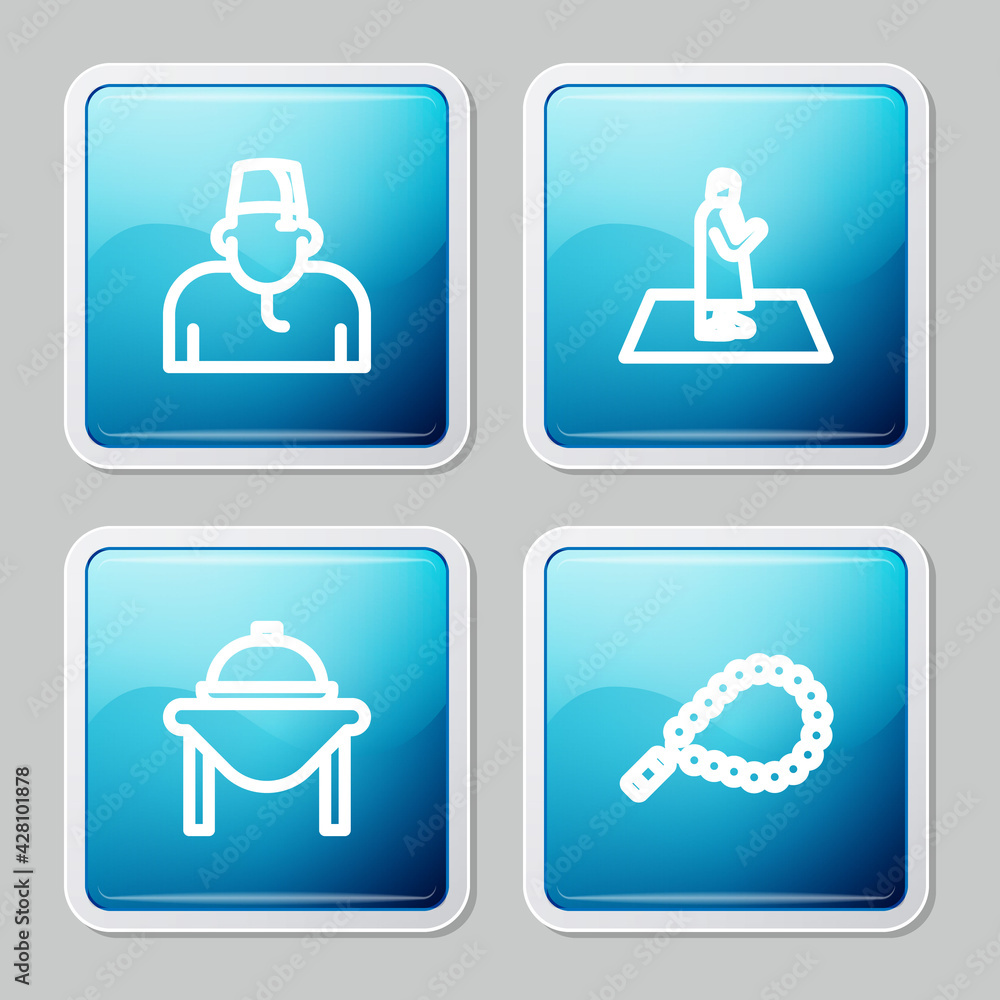 Set line Muslim man, prays, Table food and Rosary beads religion icon. Vector Set line Muslim man, prays, Table food and Rosary beads religion icon. Vector