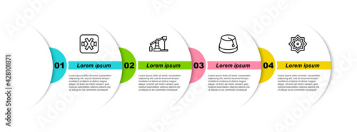 Set line No sweets, Oil pump or pump jack, Turkish hat and Octagonal star. Business infographic template. Vector