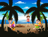 Scene with boys playing in the beach illustration