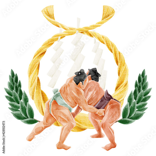 力士の立ち合いの手描き水彩風イラスト